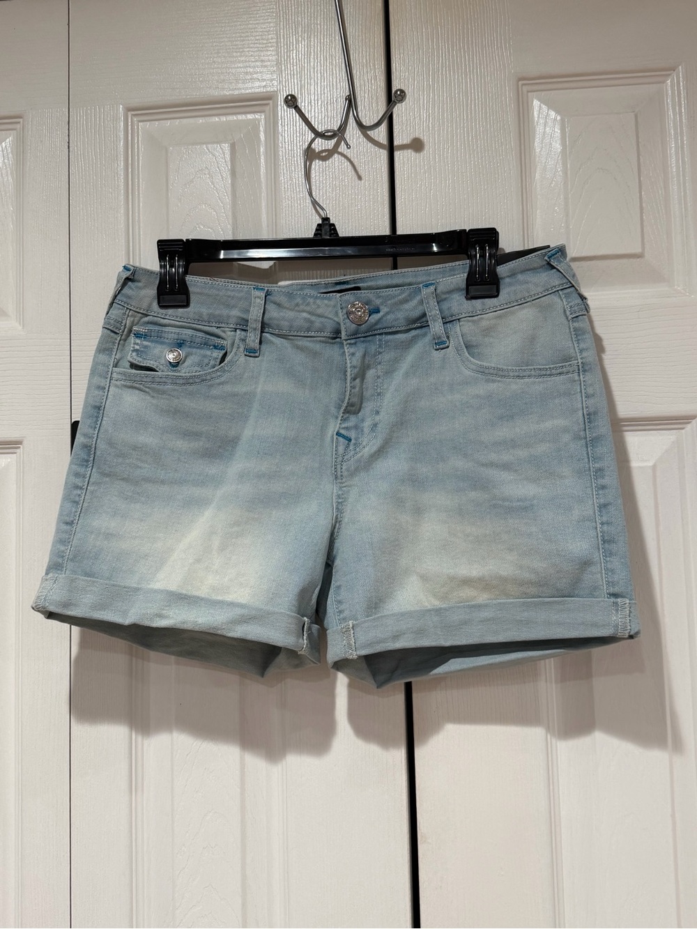 True Religion Light Blue Rolled-Hem Denim Shorts